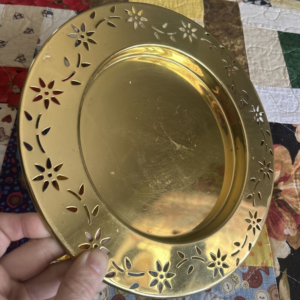 PartyLite 3 Wick Pillar Brass Gold Tone Candle Holder Tray Floral Rim 9 Inch
